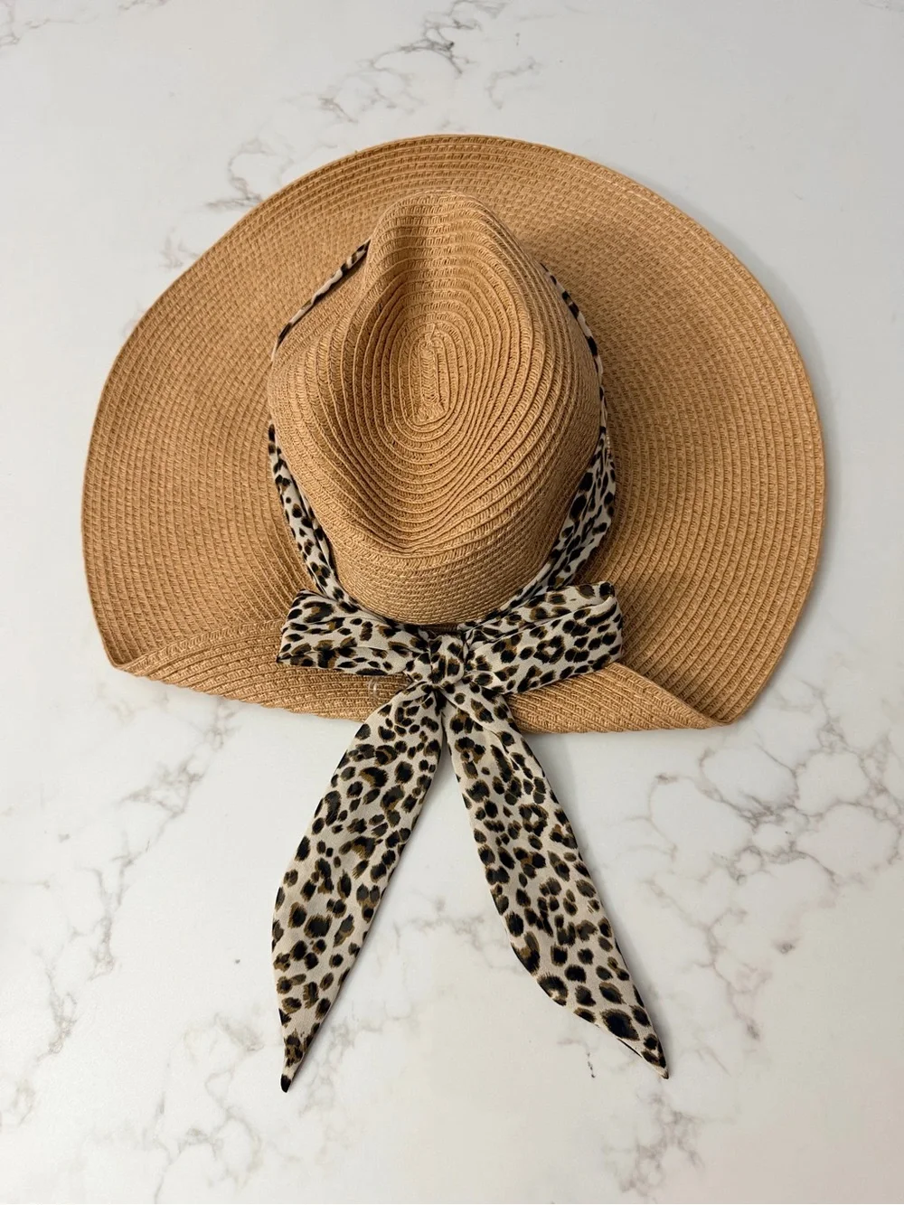 Vince Camuto Tan Straw Sun Hat with Leopard-Print Scarf